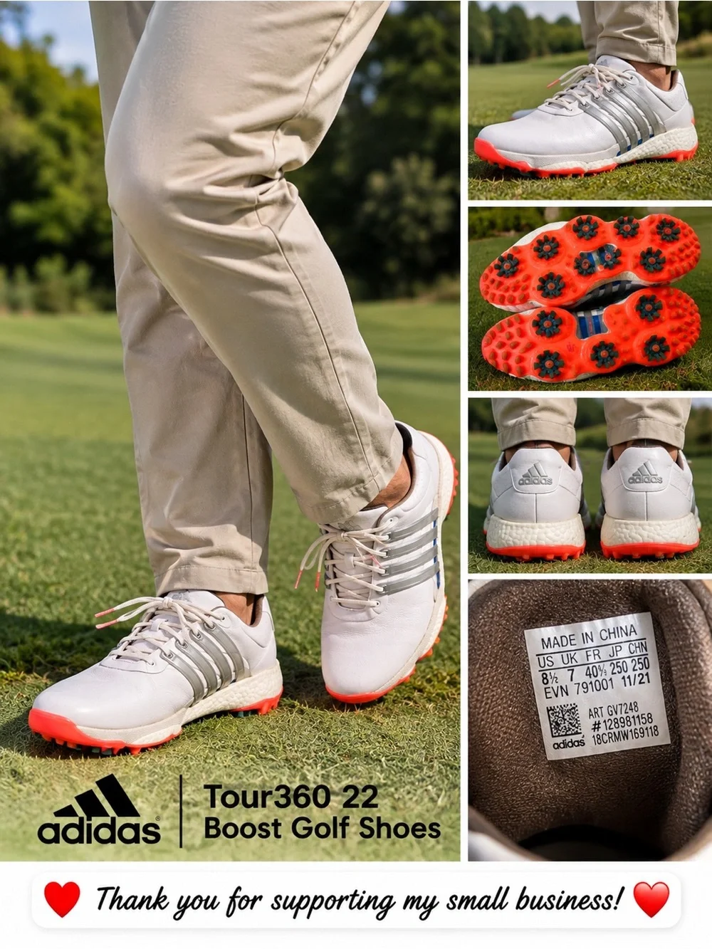 Adidas Tour360 22 Boost Golf Shoes Men’s 8.5 White Silver Orange Spikeless GV724